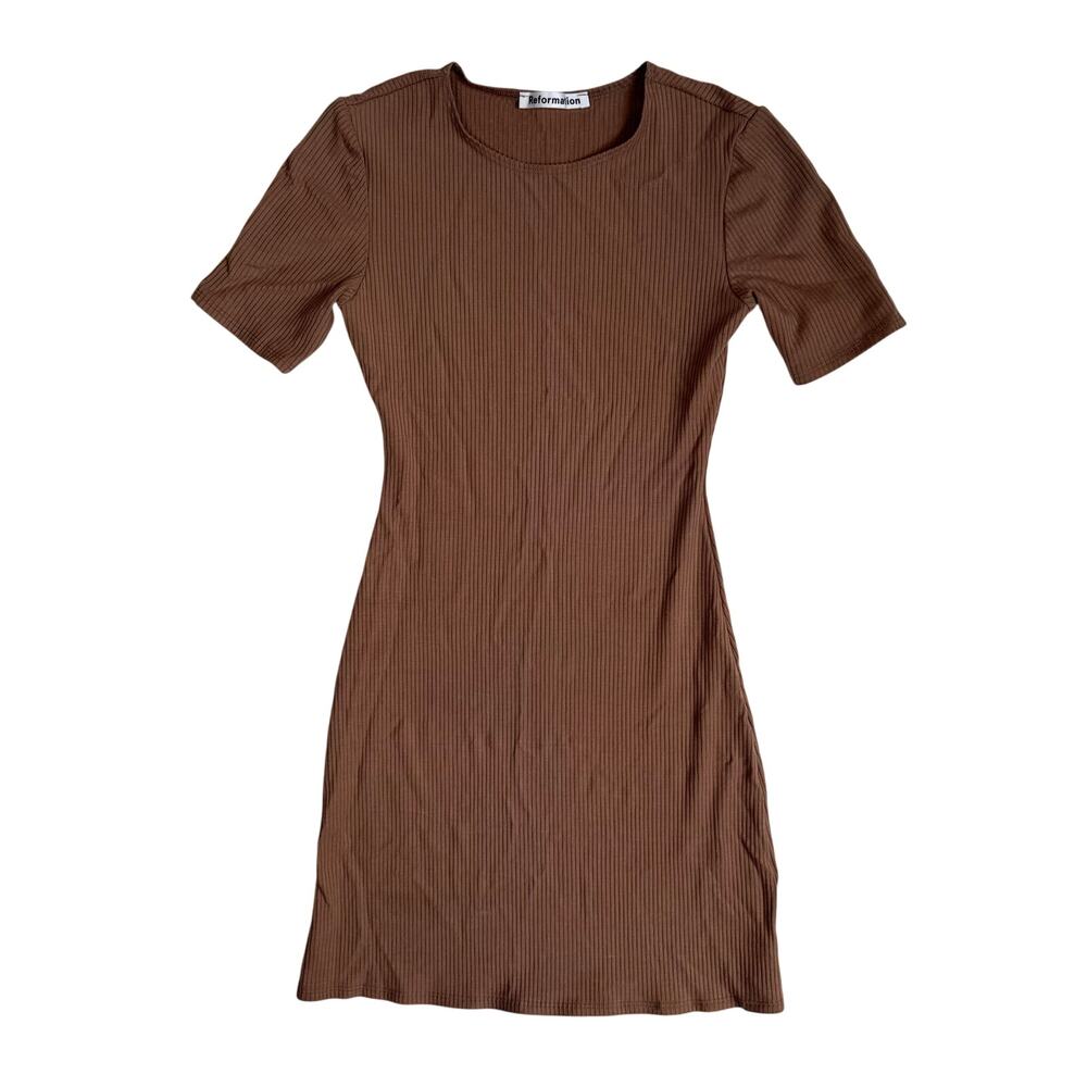 Reformation Kendy Knit Minimalist Ribbed Stretch Bodycon Dress Brown XS